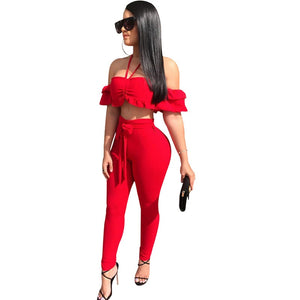 Red Sexy 2 Piece Set Women Ruffle Off The Shoulder Crop Top and Pants Set Summer Women Sets Clothes Club Party Two Piece Outfits