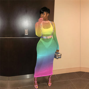 Rainbow Print Bodycon Maxi Dress Women O-neck Mesh See Through Long Sleeve Ankle-length Long Dress Sexy Party Night Club Dresses