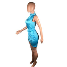 Load image into Gallery viewer, Sexy Elegant Stretch Satin Mini Dress Women Sleeveless Sheath Draped Blue Bodycon Dress Nightclub Short Tight Dresses Robe Femme