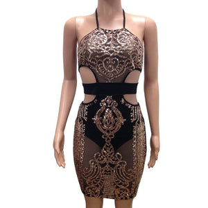 Womens Rose Gold Sequin Dress Sexy Mesh Sheer Hollow Out Halter Sheath Party Club Wear Sparkly Dresses Vestidos De Festa