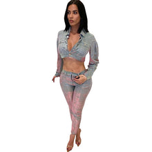 Load image into Gallery viewer, Sexy Glitter Two Piece Sets Women Turn-down Collar Long Sleeve Bomber Jacket Top and Ankle-Length Pants Suit Matching Outfits