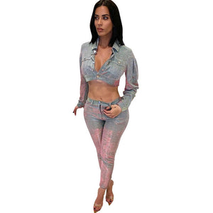 Sexy Glitter Two Piece Sets Women Turn-down Collar Long Sleeve Bomber Jacket Top and Ankle-Length Pants Suit Matching Outfits