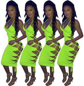 Sexy Celebrity Night Party Bodycon Bandage Dress Women Spaghetti Strap V-neck Side Hollow Out Lace Up Slim Backless Club Dresses