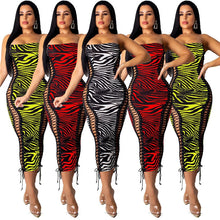 Load image into Gallery viewer, Zebra Print Strapless Sexy Bandage Dresses Sleeveless Hollow Out Lace Up Party Bodycon Maxi Dress Clubwear Vestidos