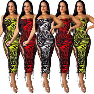 Zebra Print Strapless Sexy Bandage Dresses Sleeveless Hollow Out Lace Up Party Bodycon Maxi Dress Clubwear Vestidos