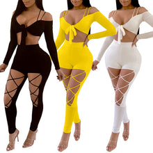 Load image into Gallery viewer, Nightclub Party 2 Piece Sets Women Summer Outfits Bow Tie Crop Top and Hollow Out Pant Set Sexy Two Piece Set Top and Pants