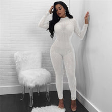 Load image into Gallery viewer, Sexy Bodycon Long Sleeve Sheer Jumpsuits Fashion Mesh Geometric Rhinestone See-Through Romper Sparkly Overalls Combinaison Femme