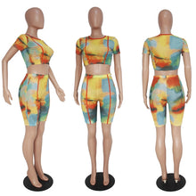 Load image into Gallery viewer, Tie Dye Print 2 Piece Outfits for Women Two Piece Set Crop Top and Shorts Set Sheer Mesh Sexy Club 2 Piece Summer Set Tracksuit