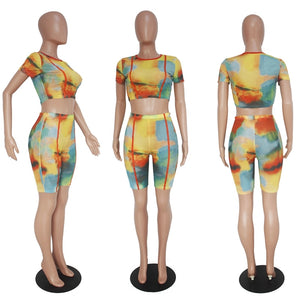 Tie Dye Print 2 Piece Outfits for Women Two Piece Set Crop Top and Shorts Set Sheer Mesh Sexy Club 2 Piece Summer Set Tracksuit