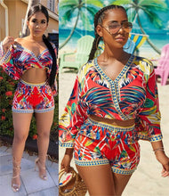 Load image into Gallery viewer, Bohemian Floral Print Beach Two Piece Set Women Summer Sexy Crop Top and Shorts Suit Casual Beach Wear Matching Set Outfit