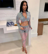 Load image into Gallery viewer, Sexy Glitter Two Piece Sets Women Turn-down Collar Long Sleeve Bomber Jacket Top and Ankle-Length Pants Suit Matching Outfits