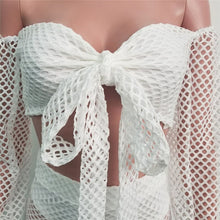 Load image into Gallery viewer, Sexy Fishnet Beach Two Piece Sets Women Mesh Hollow Out Strapless Bow Tie Crop Top and Wide Leg Pant Suits Matching Sets Outfits