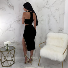 Load image into Gallery viewer, Sexy 2 Piece Dress Women O-neck Off Shoulder Sleeveless Crop Top and High-split Zipper Midi Skirt Clubwear Party Two Piece Set