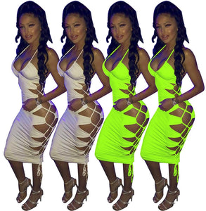 Sexy Celebrity Night Party Bodycon Bandage Dress Women Spaghetti Strap V-neck Side Hollow Out Lace Up Slim Backless Club Dresses