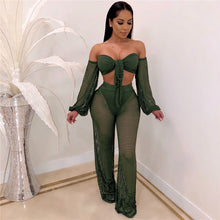 Load image into Gallery viewer, Sexy Fishnet Beach Two Piece Sets Women Mesh Hollow Out Strapless Bow Tie Crop Top and Wide Leg Pant Suits Matching Sets Outfits