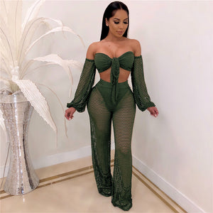 Sexy Fishnet Beach Two Piece Sets Women Mesh Hollow Out Strapless Bow Tie Crop Top and Wide Leg Pant Suits Matching Sets Outfits