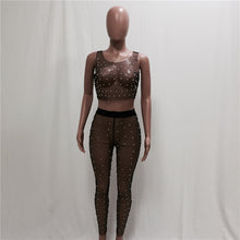 Load image into Gallery viewer, Sexy Mesh Pearls Beading Two Pieces Set Women Sleeveless See Through Tank Crop Top and Ankle-Length Pants Party Matching Outfits