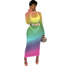 Load image into Gallery viewer, Rainbow Print Bodycon Maxi Dress Women O-neck Mesh See Through Long Sleeve Ankle-length Long Dress Sexy Party Night Club Dresses