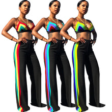 Load image into Gallery viewer, Women Beach Summer Two Piece Set Sexy V- Neck Spaghetti Strap Striped Crop Top and Wide Leg Pants Suit Club Wear 2 Piece Outfits