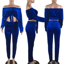 Load image into Gallery viewer, Women Velvet Two Piece Sets Female Winter Tracksuit Off Shoulder Crop Top + Pants Ladies Long Sleeve Outfit Femme Sporting Suits