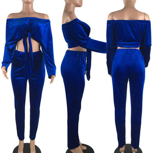 Women Velvet Two Piece Sets Female Winter Tracksuit Off Shoulder Crop Top + Pants Ladies Long Sleeve Outfit Femme Sporting Suits