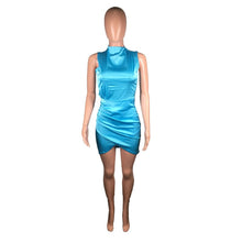 Load image into Gallery viewer, Sexy Elegant Stretch Satin Mini Dress Women Sleeveless Sheath Draped Blue Bodycon Dress Nightclub Short Tight Dresses Robe Femme