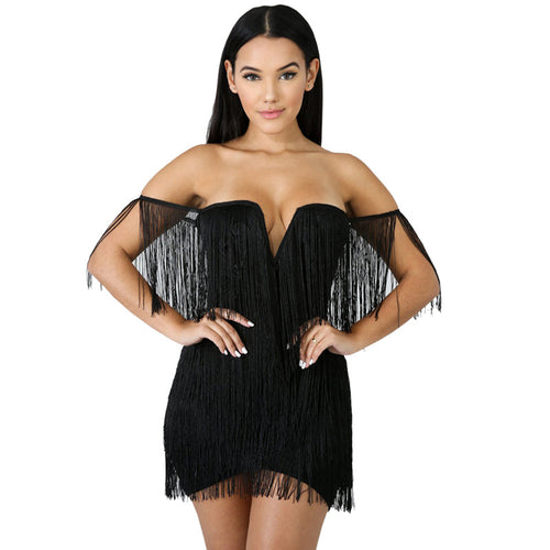 Flapper Tassel Party Dress Women Off The Shoulder Backless Fringe Sexy Little Black Dress Elegant Evening Mini Club Dresses