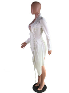 Sexy White Long Sleeve Tunic Dress Female Women Deep V-neck Tassel Drawstring Ruched Elegant Short Party Dresses