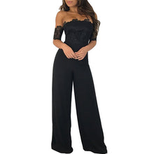 Load image into Gallery viewer, Sexy Strapless Off Shoulder Black Lace Jumpsuit Women Slash Neck Elegant Short Sleeve Overalls Wide Leg Pants Summer Romper XXL