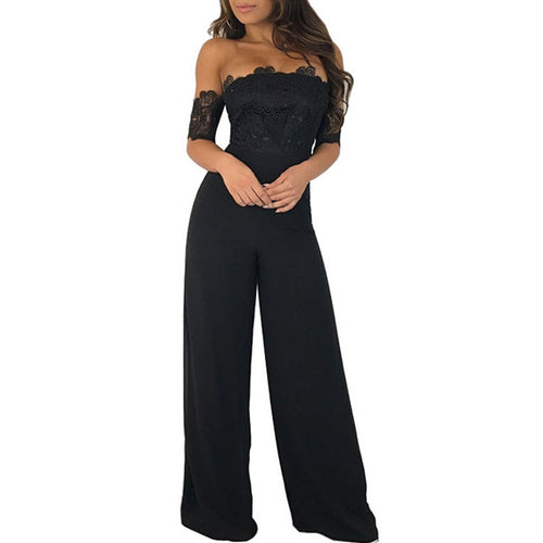 Sexy Strapless Off Shoulder Black Lace Jumpsuit Women Slash Neck Elegant Short Sleeve Overalls Wide Leg Pants Summer Romper XXL