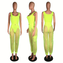 Load image into Gallery viewer, Neon Two Piece Set Top and Pants Tracksuit Women Festival Clothing Bodysuit Cargo Pants Mesh Summer 2 Piece Sexy Club Outfits