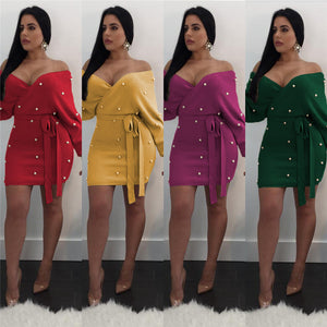 Sexy Off Shoulder Knitting Sweater Dress Women Elegant Pearls Sashes Short Wrap Dress Casual Long Sleeve Autumn Winter Dresses