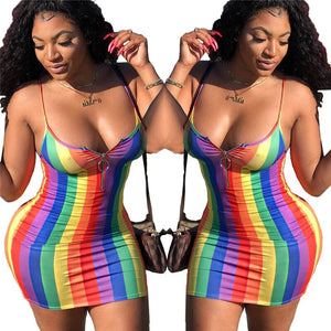 Sexy Summer Bandage Bodycon Mini Dress Women Sleeveless Spaghetti Strap Zipper Striped Clubwear Dress Beach Party Dresses Short