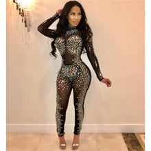 Load image into Gallery viewer, Sexy Bodycon Long Sleeve Party Jumpsuits Women Mesh Sheer Floral Rhinestone See-Through Romper Sparkly Christmas Club Overalls