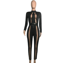 Load image into Gallery viewer, Sexy Bodycon Jumpsuits for Women Clothes Club Jumpsuits Black Transparent Mesh Patchwork Sashes Long Pants Romper Overalls