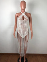 Load image into Gallery viewer, Summer Knitted Crochet Beach Dress Women White Fringe Tassel Dress Boho Beachwear Hollow Out Bodycon Backless Sexy Long Dress