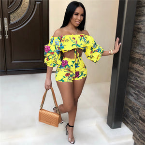 Two Piece Set New Summer Sexy Off the Shoulder Floral Print Crop Top and Shorts Set Party Club Women 2 Piece Outfits