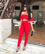 Load image into Gallery viewer, Red Sexy 2 Piece Set Women Ruffle Off The Shoulder Crop Top and Pants Set Summer Women Sets Clothes Club Party Two Piece Outfits