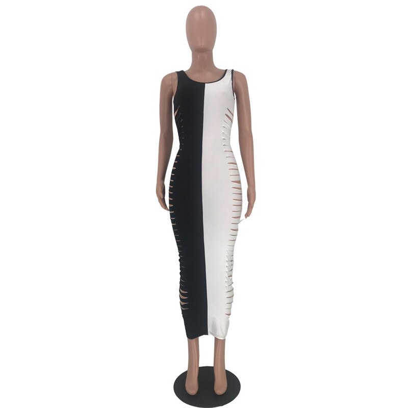 Sleeveless Hollow Out Tank Sexy Long Dress Women Black White Patchwork Bodycon Maxi Dress Casual Club Party Dresses Vestiods