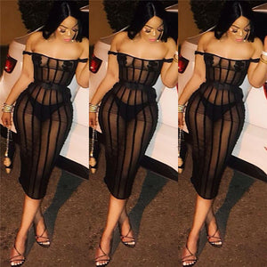 Sexy Off The Shoulder Bodycon Dresses Women Summer Black Transparent Mesh See Through Dress Fashion Elegant Club Party Dress