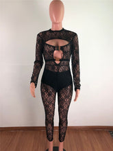 Load image into Gallery viewer, Women Sexy Club Bodycon Romper Jumpsuit Long Sleeve Party Jumpsuits One Piece Hollow Out Sheer Mesh Elegant Black Lace Jumpsuit