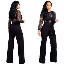 Load image into Gallery viewer, Sexy Black Lace Wide Leg Jumpsuit Women O Neck Long Sleeve Hollow Out Patchwork One Piece Romper Sheer Elegant Party Overalls