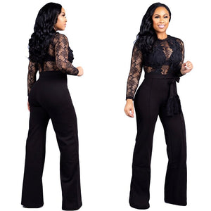 Sexy Black Lace Wide Leg Jumpsuit Women O Neck Long Sleeve Hollow Out Patchwork One Piece Romper Sheer Elegant Party Overalls