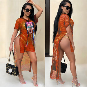 Summer Beach Mesh Dress Women Character Print Side Split Front Long Back Short Hollow out Beachwear Boho Sexy Mini Dress