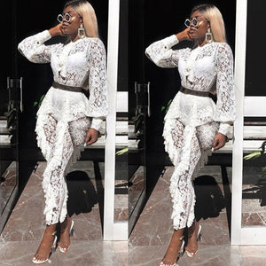 Sheer Long Sleeve White Lace Jumpsuit for Women Sexy See Through Floral Ruffles Bodycon Rompers Christmas Night Club Overalls