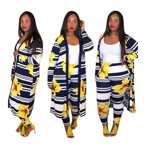 Two Piece Set Top and Pants Women Spring Autumn Long Sleeve X-Long Duster Coat and Pants Print Flower Casual 2 Piece Outfits