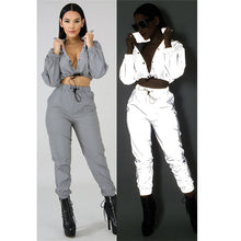 Load image into Gallery viewer, Tracksuit Reflective Set Button Up Crop Top and Pants 2 Piece Set Sportwear Jogging Workout Clothes Sweat Suits Women