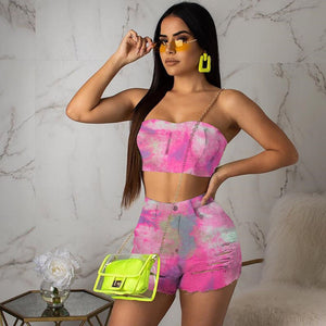 Sexy Tie Dye Denim Two Piece Set Women Strapless Tops and Hole Jeans Shorts Female Summer Matching Set Outfits Clubwear Female