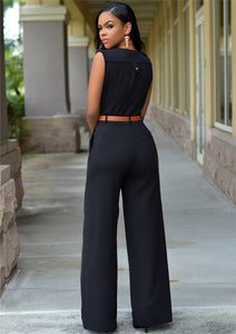 Elegant Women's Summer Solid Jumpsuits Sexy Deep V-Neck Sleeveless Fashion Rompers Side Pocket Long Jumpsuit Playsuit with Belt