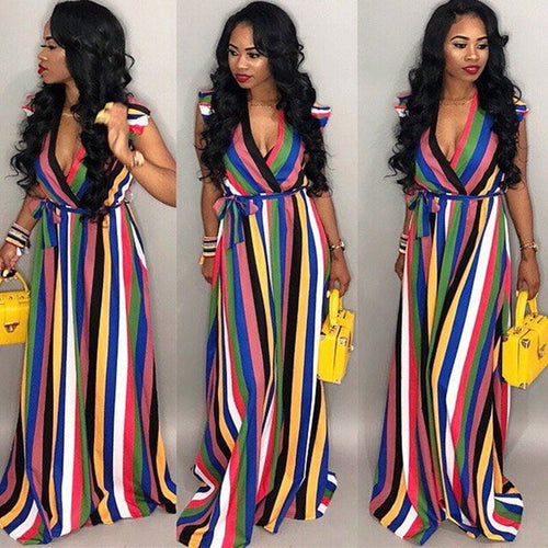 Casual Rainbow Striped Print Long Dresses Women Sleeveless V Neck Sashes Evening Party Dresses Summer Loose Beach Maxi Dress